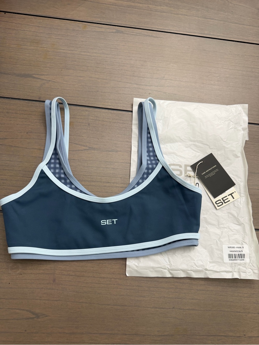 Set Active Luxform Lux Gingham Tempo Bra Blue Hammock Small BNWT Sold Out Gym - Picture 3 of 8